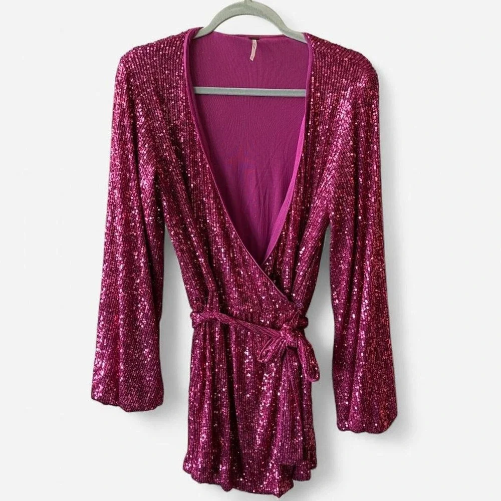 Free People hot pink sequin wrap romper tie waist Sz‎ XS #girlhoodcore